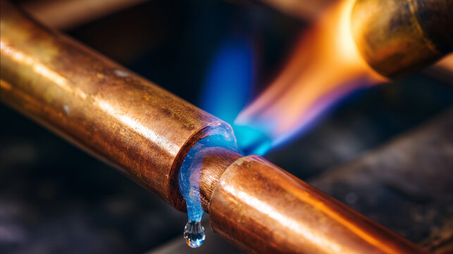 brazing. A craftsman brazing two copper pipes with molten solder under a torch flame. safety posters, maintenance manuals, designed for precision metalworking and fabrication facilities.