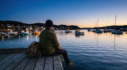Fototapeta premium Traveler sitting on a dock at a harbor during blue hour. Commercial quality image with calm water reflections and sky copy space, ideal for maritime and coastal travel.