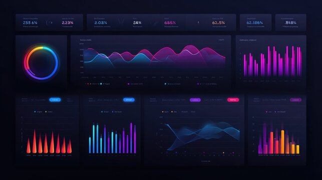 Colorful Data Visualization with Graphs, Charts, and Analysis for Business Intelligence and Analytics in Dark Theme