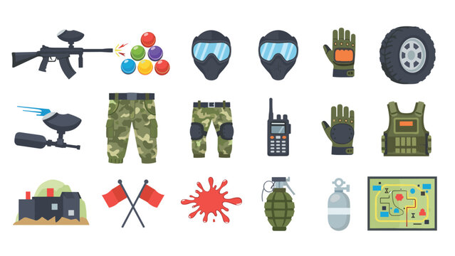 Pixel art icon set for a paintball game including guns, masks, protective vests, grenades, flags, and tactical gear for enthusiasts.