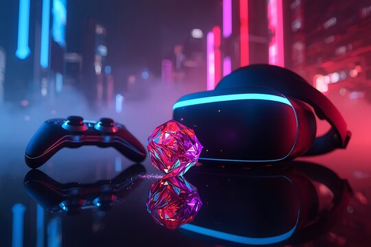 Futuristic Cyberpunk VR Gaming Setup Featuring Neon Glow Headset, Pro Controller, and Glowing Pink Crystal in a Blurred Cityscape.
