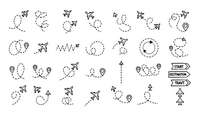 Airplane dashed route paths vector set doodle flight lines travel navigation trajectories with jet silhouettes © Mdsahag