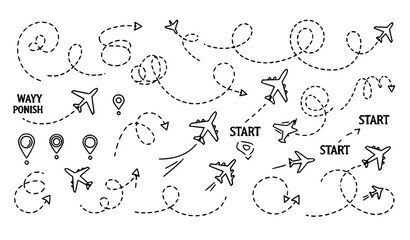 Airplane dotted flight paths vector set dashed travel routes jet silhouettes navigation trajectories © Mdsahag