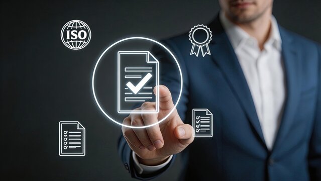 Businessman selecting digital document with checkmark surrounded by ISO certification quality badge checklist and form icons symbolizing compliance approval and process management