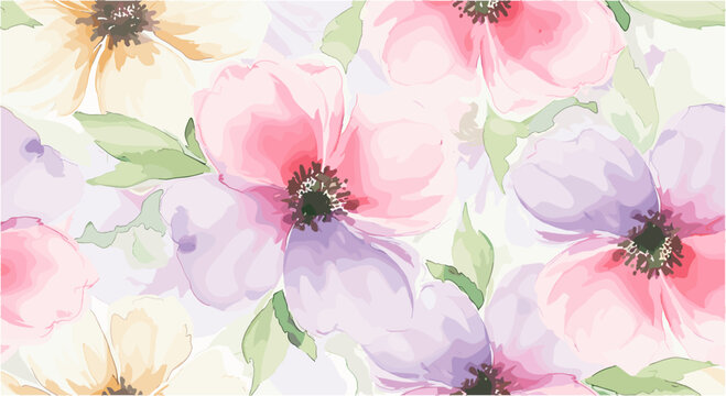 Seamless pattern with watercolor poppies, hand drawn floral background, delicate spring flowers.