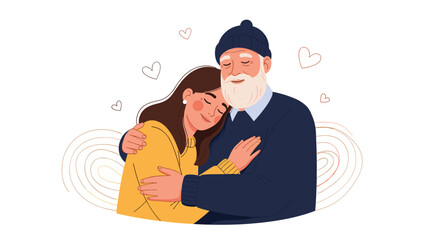 Obraz premium Heartwarming illustration of a young woman hugging her elderly grandfather showing family affection and intergenerational bonds.