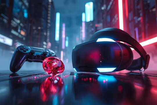 Futuristic Cyberpunk VR Gaming Setup Featuring Neon Glow Headset, Pro Controller, and Glowing Pink Crystal in a Blurred Cityscape.