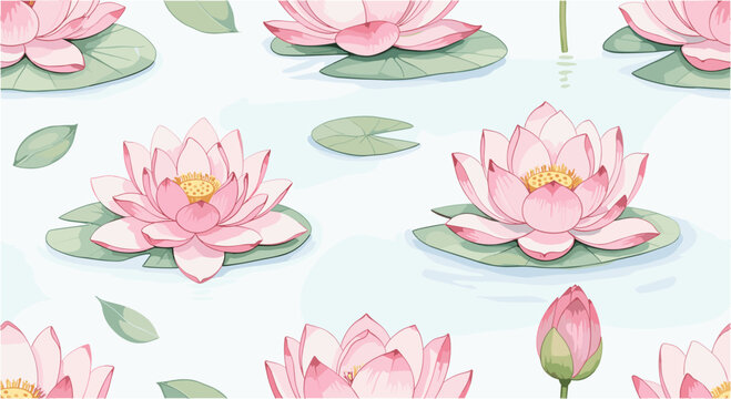 Serene water lily and lotus flower pattern floating on light blue pond surface for zen backgrounds.