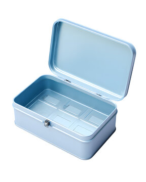 Open empty light blue rectangular metal lunch box container sitting isolated on transparent background