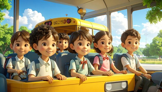 Cartoon school kids ride a yellow bus looking ahead, smiling and wearing backpacks on a sunny day