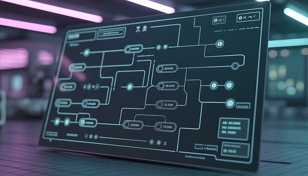 Digital flowchart interface on tablet screen displaying complex data network and logic paths.