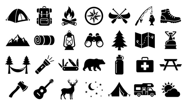Collection of camping and outdoor adventure icons representing travel gear, nature, and recreational activities for exploration and leisure