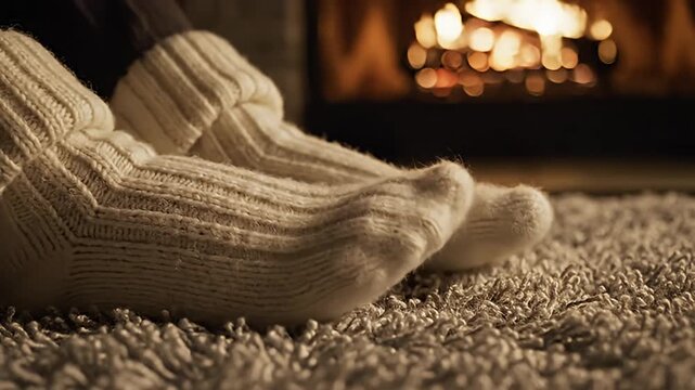 Feet in cozy wool socks by warm fireplace at home