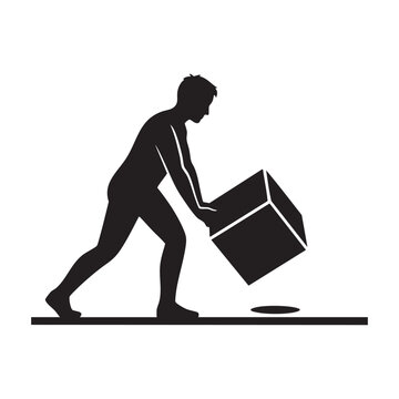 Silhouette man pushing a square peg into a round hole representing problem solving innovation adapting to challenges business strategy vector illustration