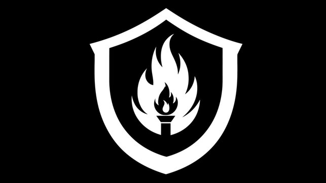 Black and white image depicts a shield with a stylized flame icon at its center