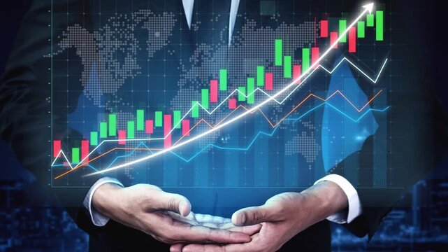 A businessman showcases a digital financial growth chart, highlighting an upward trend in stock market data, representing investment possibilities and analytics. Copula