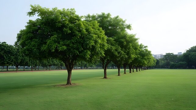 A manicured green field bordered by a neat line of lush trees under a bright open sky