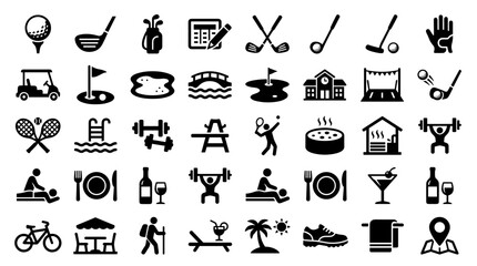 Collection of diverse icons representing sports, leisure, fitness, and travel activities for lifestyle and recreation themes © Iconique Studio