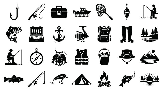Collection of fishing icons and symbols representing outdoor recreation and adventure with essential gear and activities