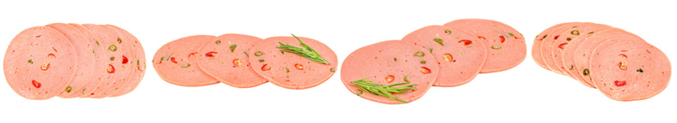 A mouth-watering selection of sliced bologna sausage, featuring vibrant red chili flakes and green herbs. © GraphicPNG