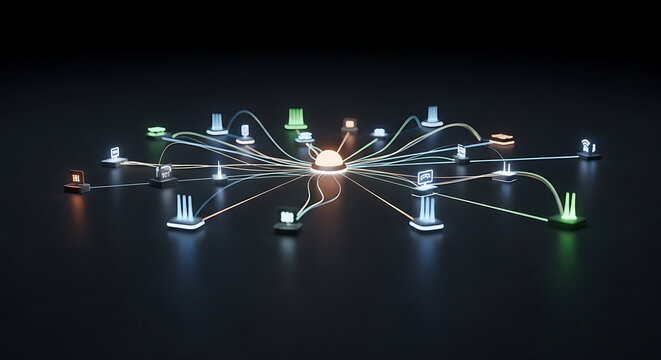 Futuristic digital network connecting various industrial and urban elements, illustrating smart city technology and data flow within a centralized global system concept