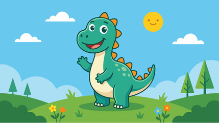 Naklejka premium Cute cartoon dinosaur waving in a sunny landscape.