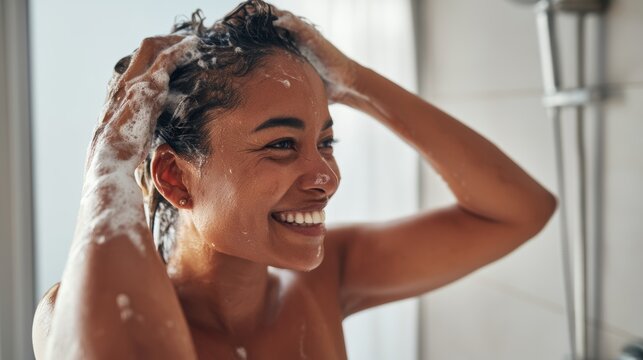 Woman showering, smiling at camera.