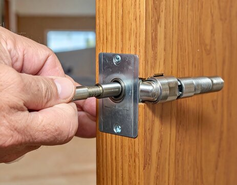 Close-up of someone installing a metal door bolt on a wooden door, hand visible holding the tool