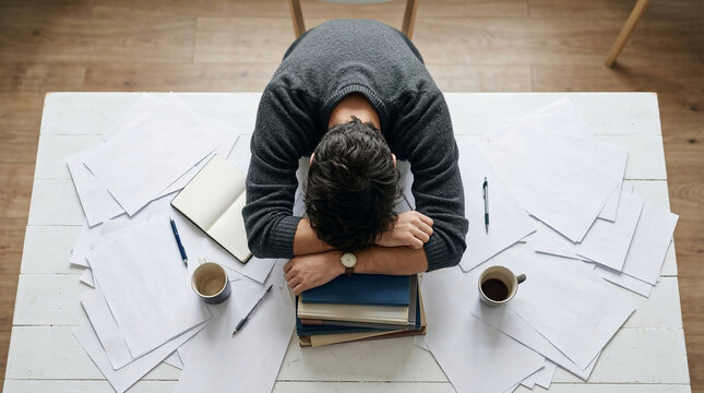 Top down flat lay overhead view of an exhausted young male professional burying his face in his crossed arms sleeping on a cluttered white office desk
