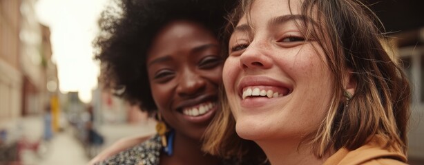 Fototapeta premium Friendly Smiles Between Two Women on Street