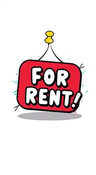 Bold for rent red hanging property sign in vibrant cartoon style isolated on white background for social media story sticker banner mobile app promotion print design and marketing announcement