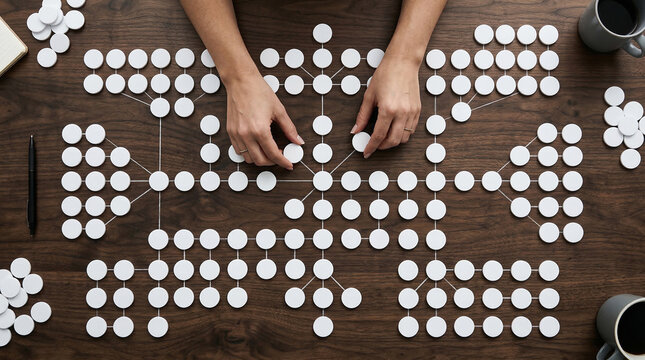 Top down flat lay overhead view of hands meticulously arranging small white circular tokens into an intricate complex geometric matrix on a wooden desk