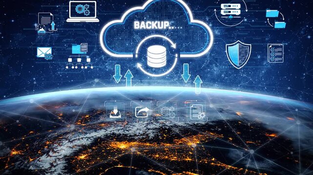 Data Backup and Cloud Technology Concept with Global Network, Security Icons, and Digital Graphics Representing Modern Data Management Systems Sigmoid