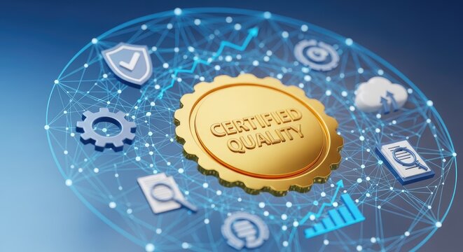 A golden coin with "CERTIFIED QUALITY" text is centered within a glowing, circular network of interconnected nodes, gears, and icons.