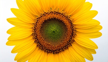 Obraz premium Sunflower Closeup with Yellow Petals and Spiral Seed Pattern on White Background