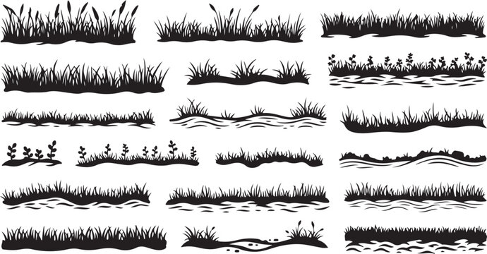 Various Grass and Weed Silhouettes on White Background Illustration Set