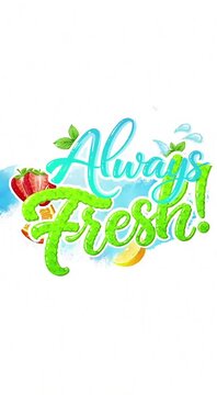 Always fresh hand drawn lettering with fruits vegetables and leafy accents on white background for grocery branding organic produce packaging healthy food promotion farmers market sign or menu art