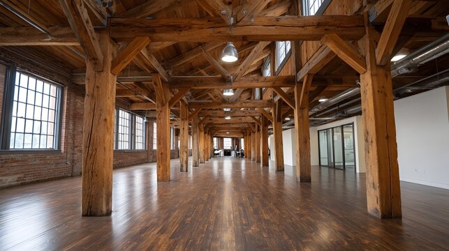 Spacious industrial loft interior with exposed wooden beams brick walls and large