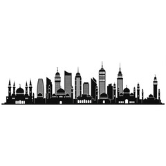 Obraz premium A black and white vector graphic illustration of a city skyline with a mix of modern skyscrapers and traditional mosques