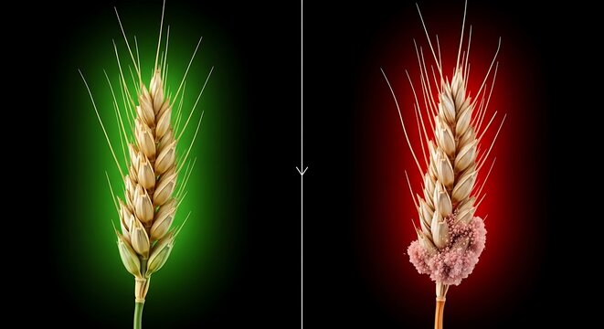Fresh wheat spike compared to grain head with pink fusarium head blight.
