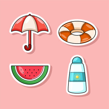 Set of Summer Essentials Stickers with Beach Umbrella and Sunscreen Illustration