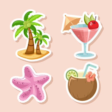 Set of Tropical Summer Stickers with Palm Trees Cocktail Starfish and Coconut Drink Illustration