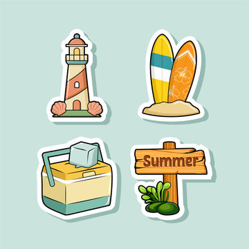 Set of Summer Beach Stickers with Lighthouse Surfboards Cooler Box and Wooden Sign Illustration
