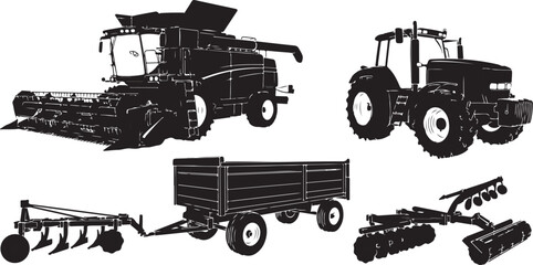 Obraz premium Agricultural machinery and equipment in black silhouette on white background