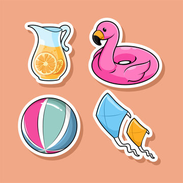 Set of Summer Holiday Stickers with Pink Flamingo Float Orange Juice and Beach Ball Illustration