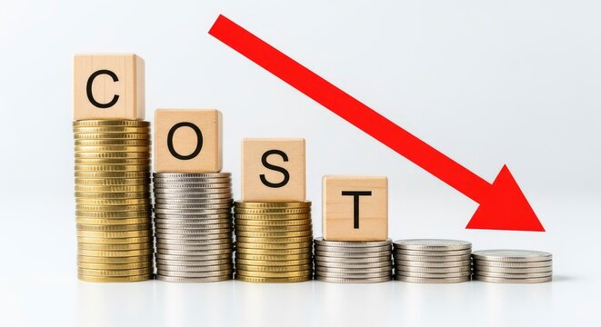 Cost reduction concept shown by declining stacks of coins with the word COST on wooden blocks and a red downward arrow on a white background