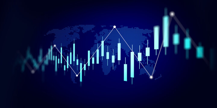Abstract finance graph with world map background, showing rise and fall, business analysis, Strategy Concept.
