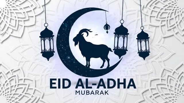 Festive Eid al-Adha Mubarak graphic illustration featuring a crescent moon, sacrificial goat silhouette, and elegant lanterns amidst decorative Islamic patterns, symbolizing tradition and blessings