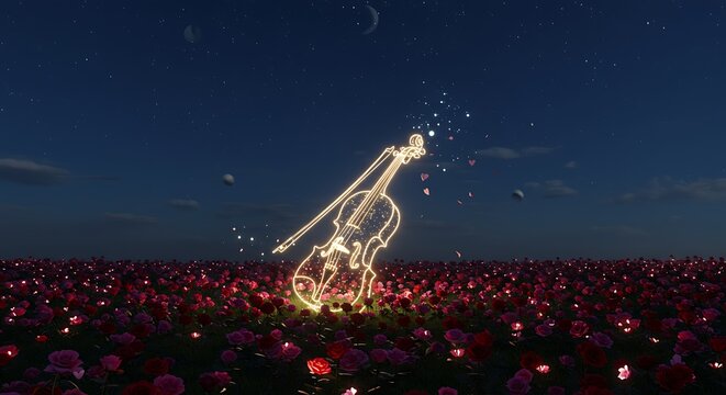 Glowing violin in a field of flowers under a dark night sky