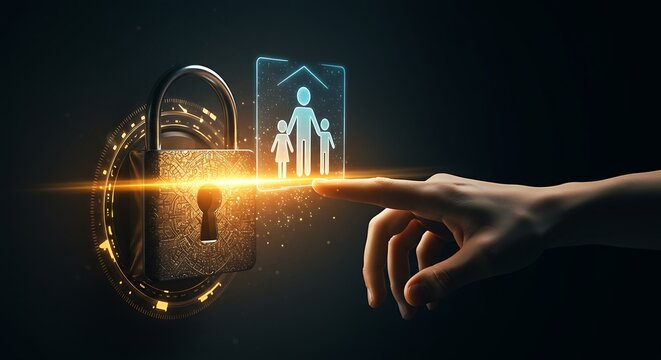 Family security concept hand touching padlock and protected house icon